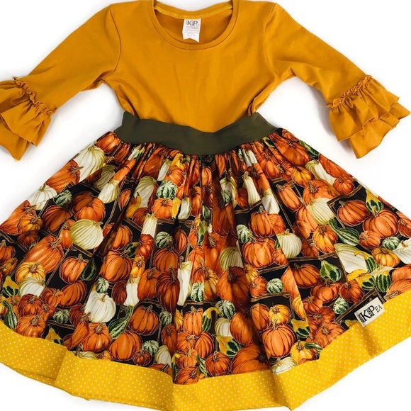 NEW KPea Original Pumpkin Print Ruffle Sleeve Thanksgiving Fall Holiday Dress - Picture 7 of 10